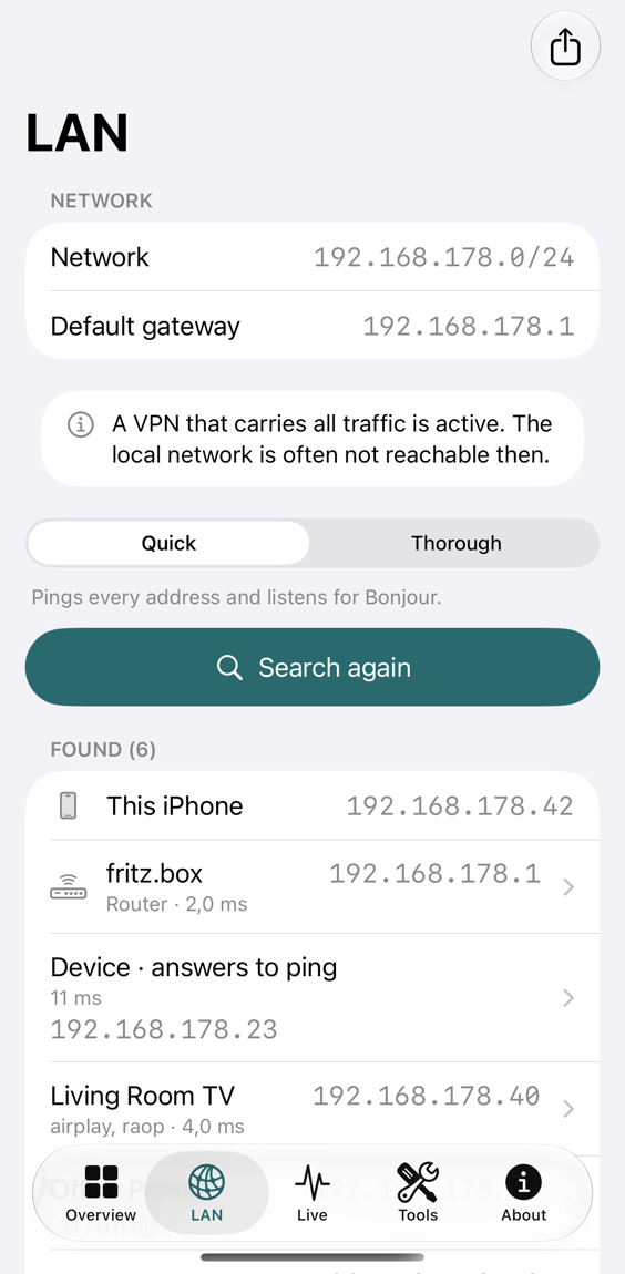 The list of devices found on the local network